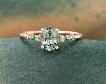 Oval cut Green sapphire engagement ring Vintage Rose gold ring Pear cut Teal sapphire ring Seven stone ring Art deco wedding promise ring