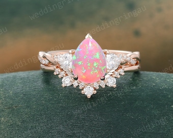 Pear Pink Opal Engagement ring set Vintage Rose gold Moissanite Bridal ring set ring Round cut Diamond Curved wedding ring set Promise ring