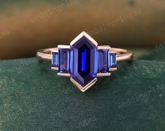 Hexagon cut Blue sapphire ring Unique Rose gold engagement ring Baguette cut ring Bezel set ring Vintage Bridal wedding anniversary ring