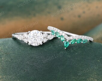 Unique Moissanite Engagement ring set Vintage White gold ring Marquise cut Emerald Curved wedding ring Art deco Bridal Promise ring set