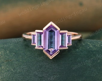 Hexagon cut Purple Amethyst ring Unique Rose gold Amethyst engagement ring