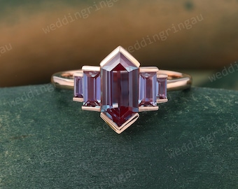 Hexagon cut Alexandrite ring Unique Rose gold engagement ring June birthstone ring Bezel set ring Vintage Bridal wedding anniversary ring