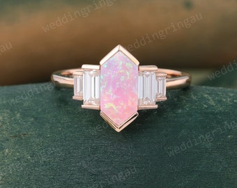 Hexagon cut Pink Opal ring Unique rose gold engagement ring Baguette cut Moissanite ring Diamond Bezel set ring Bridal anniversary ring