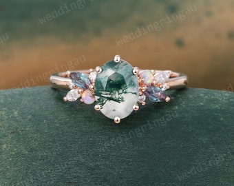 Oval cut Natural Moss agate ring Unique Cluster Gemstone engagement ring 14k Rose gold ring Marquise cut Alexandrite Opal Bridal ring