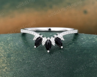 Marquise cut Black onyx Curved wedding band Unique White gold wedding band Moissanite ring Diamond Stacking matching band Anniversary ring