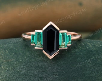 Hexagon cut Black onyx ring Unique Rose gold engagement ring Baguette cut Emerald ring Vintage Art deco Birthstone wedding anniversary ring