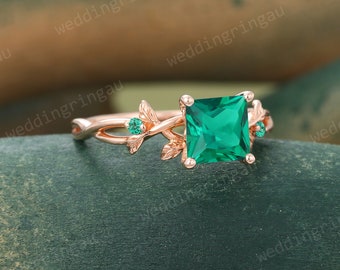 Branch Lab Emerald ring Princess cut Emerald engagement ring Rose gold Leaf design ring Three stone ring Bridal Art deco Anniversary ring