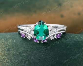 Pear shaped Emerald engagement ring set Unique White gold Marquise cut Moissanite ring Amethyst Curved wedding ring bridal promise ring