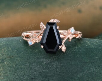 Coffin cut Black onyx ring Unique Rose gold engagement ring Moonstone Branch ring Leaf Vintage art deco ring Nature inspired wedding ring