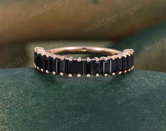 Baguette cut Black onyx wedding band rose gold half eternity wedding ring Unique Stacking matching band Bridal Anniversary promise ring