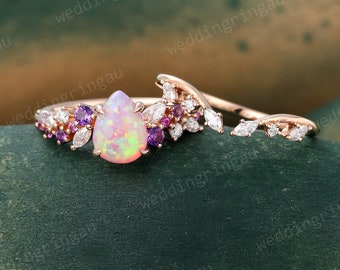 Teardrop Pink Opal Engagement ring set Vintage Rose gold Bridal ring set Amethyst ring Pink sapphire wedding ring set Moissanite Open ring