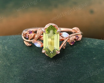 Hexagon cut Peridot ring Vintage Rose gold Leaf engagement ring Marquise cut Moonstone ring Amethyst ring Nature inspired Twig ring Gift