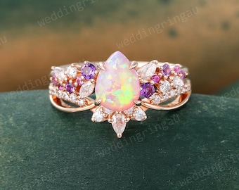 Pear shaped Pink Opal Engagement ring set Vintage Rose gold Bridal set Amethyst ring Pink sapphire wedding ring set Moissanite Promise ring