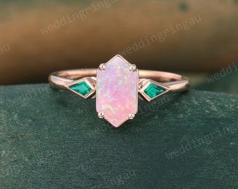 Hexagon cut Pink Opal ring Unique Rose gold engagement ring Kite cut Emerald Three stone ring Vintage Birthstone ring gold anniversary ring