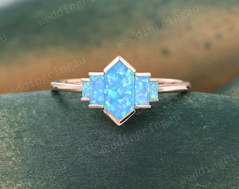 Hexagon Blue Opal ring Unique rose gold engagement ring Baguette cut Opal Promise ring Galaxy Blue ring Bridal anniversary ring for women