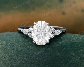 3Ct Black gold Moissanite ring Unique Oval cut Moissanite engagement ring Marquise cut Diamond ring Art deco ring Bridal Promise ring