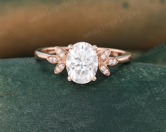 Leaf Design Moissanite ring Vintage Rose gold engagement ring Oval cut Moissanite ring for women Diamond Bridal wedding ring Promise ring