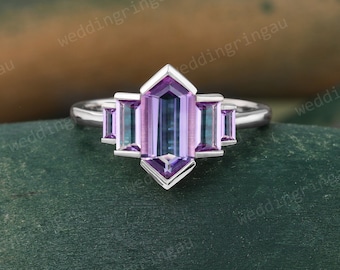 Hexagon cut Purple Amethyst ring Unique White gold engagement ring Baguette cut ring Bezel set ring Vintage Bridal wedding anniversary ring