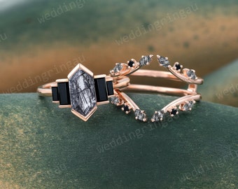 Hexagon cut Black rutilated quartz Engagement ring set Vintage Rose gold Baguette cut black onyx ring Set Enhancer wedding band promise ring