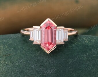 Hexagon cut Pink sapphire engagement ring Unique Rose gold Sapphire ring baguette cut Diamond ring Bridal Art deco promise anniversary ring