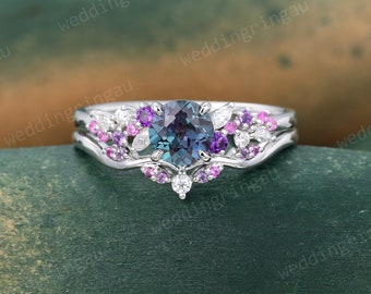 Alexandrite Engagement ring set Vintage White gold Alexandrite ring set Amethyst Pink sapphire ring Moissanite wedding ring Promise ring set