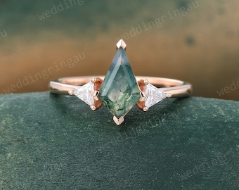 Vintage kite cut green moss agate engagement ring Unique rose gold triangle cut moissanite ring Dainty Bridal antique wedding promise ring