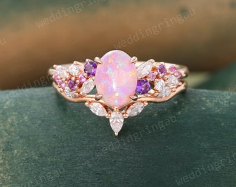 Pink Opal Engagement ring set Vintage Oval cut ring Rose gold Amethyst ring Pink sapphire Moissanite wedding ring set Promise ring gift