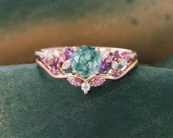 Vintage Moss agate engagement ring set Rose gold Moissanite Bridal ring set Pink sapphire Amethyst Curved wedding band Art deco Promise ring