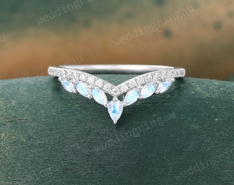 Moonstone wedding band Vintage White gold Curved Wedding Band Unique Round cut diamond ring Matching Stacking band anniversary ring Gift