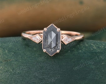 Unique Salt and pepper diamond engagement ring Rose gold hexagon cut diamond ring Kite cut moissanite ring Three stone ring art deco ring