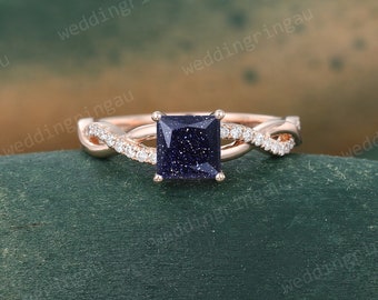 Princess cut Blue sandstone ring Vintage Rose gold engagement ring Moissanite Infinity ring Twisted Diamond ring anniversary ring for women