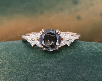 Round Salt and pepper diamond ring Unique Rose gold engagement ring Marquise cut diamond ring women cluster wedding ring anniversary ring