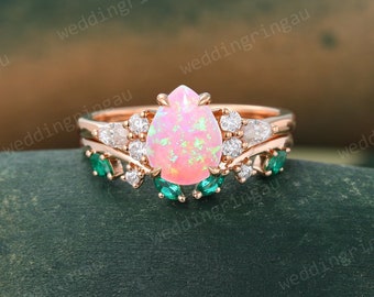 Pear shaped Pink Opal Wedding ring set Vintage Rose gold Moissanite engagement ring set marquise cut Emerald Open wedding ring Promise ring