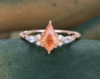 Kite cut Sunstone Engagement ring Rose gold Marquise cut moonstone vintage Moissanite Ring 3/4 Twist band marriage Anniversary promise ring