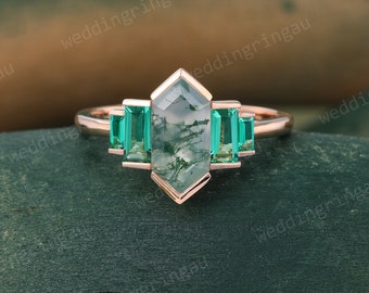 Natural Moss agate ring Unique Rose gold engagement ring Baguette cut Emerald ring Vintage Art deco May Birthstone wedding anniversary ring