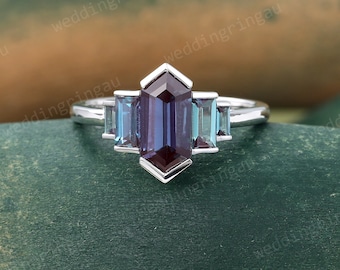 Hexagon cut Alexandrite ring Unique White gold engagement ring Baguette cut Alexandrite ring Bezel set ring Bridal wedding anniversary ring