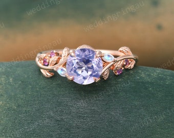 Round cut Lavender Amethyst ring Vintage Rose gold Leaf engagement ring Marquise cut Moonstone ring Art deco Nature inspired Twig ring Gift