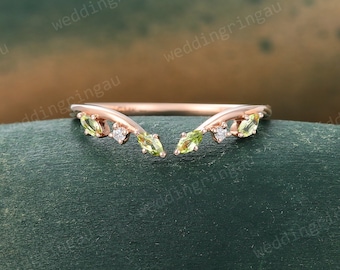 Natural Peridot Curved wedding ring Handmade Marquise cut Peridot wedding band Moissanite Open ring Stacking band with your engagement rings