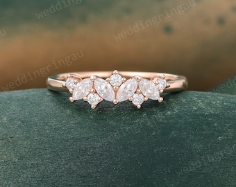 Marquise cut Moissanite wedding band Unique Rose gold ring for women art deco Bridal stacking matching band promise Anniversary ring