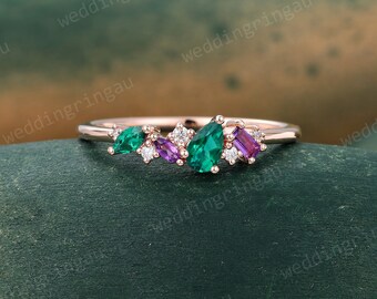 Emerald wedding band Dainty Rose gold Baguette cut Amethyst Stackable ring Women Moissanite ring Family Birthstone ring Anniversary ring