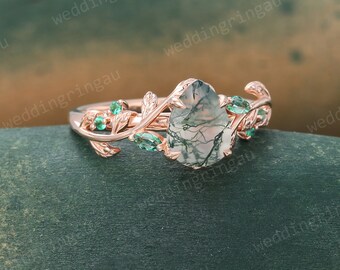 Pear shaped Moss agate ring Unique Rose gold Leaf engagement ring Marquise cut Emerald Branch ring Nature inspired ring Twig Promise ring