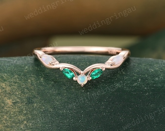 Natural Opal Curved Stacking band Unique Rose gold Marquise cut Emerald wedding band Vintage Olive Branch Engagement band Women Promise ring