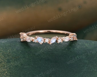 Moonstone wedding band vintage wedding band pear shaped Moissanite rose gold marquise cut art deco unique diamond women anniversary gift