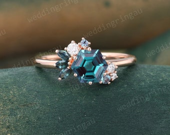 Vintage Alexandrite Engagement Ring unique rose gold moissanite hexagon marquise cut blue green sapphire diamond cluster bridal anniversary