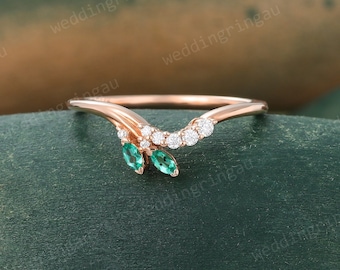 Marquise cut Emerald wedding band Unique Rose gold Curved wedding ring Moissanite wedding band Women Stacking Matching band Anniversary gift