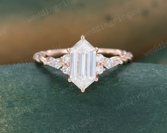 Elongated Hexagon cut moissanite engagement ring Unique rose gold twist ring Kite cut 7 stone ring Bridal wedding promise ring for women