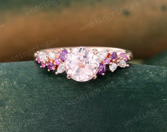 Lab Pink sapphire ring Unique Cluster Rose gold engagement ring Round cut Amethyst Moissanite ring Women Wedding ring Art deco ring promise