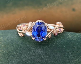Oval cut Blue sapphire wedding ring Vintage Rose gold engagement ring Leaf style ring Marquise cut Moonstone ring Amethyst ring Promise ring