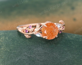 Round cut Sunstone ring Vintage Rose gold Leaf engagement ring Marquise cut Moonstone ring Amethyst ring Nature inspired Twig ring Gift