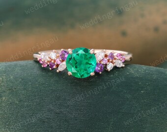 Lab Emerald ring Unique Rose gold Cluster engagement ring Round cut Amethyst Pink sapphire ring Diamond bridal anniversary ring for women
